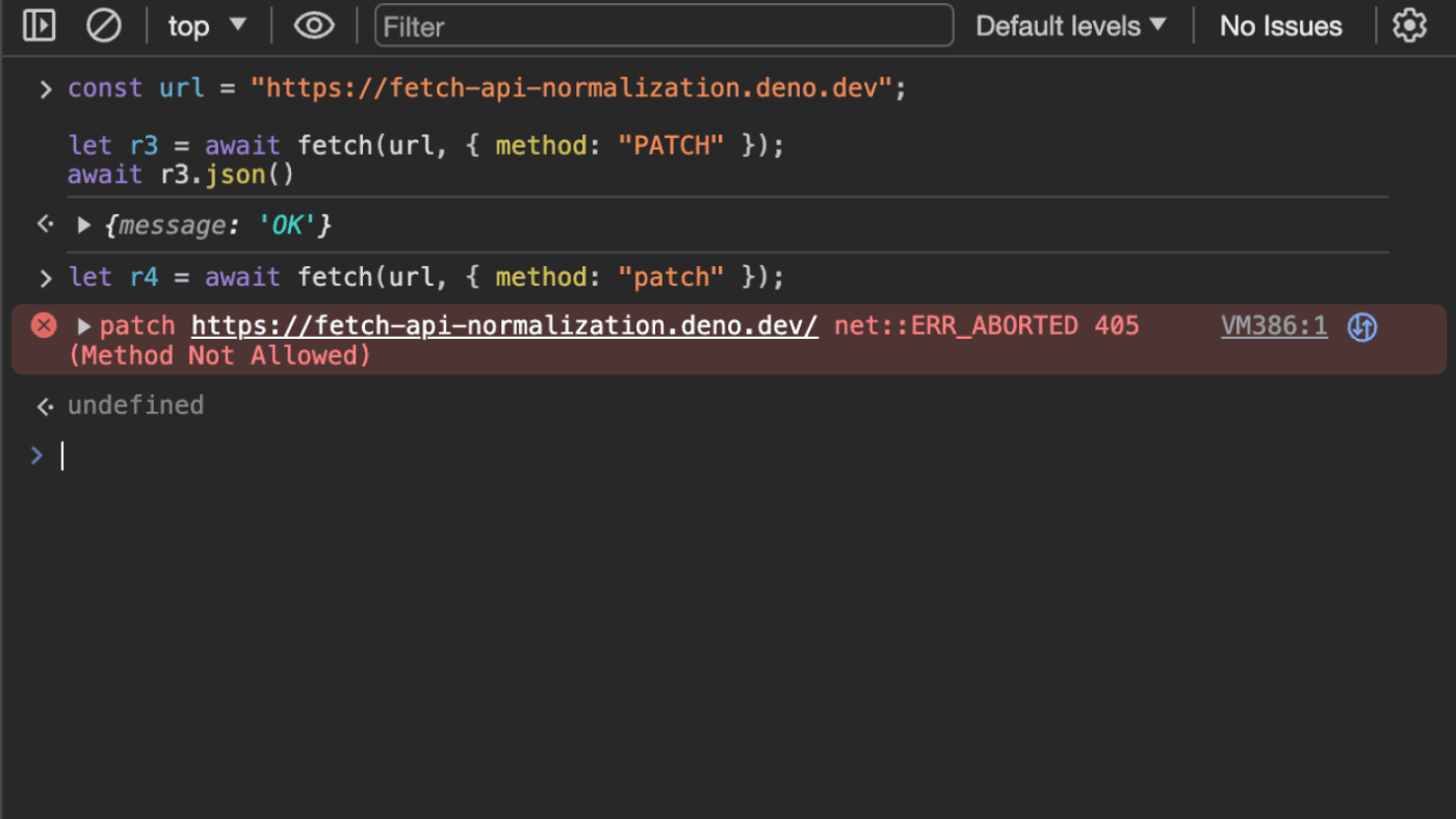 Chrome DevTools の Console タブのスクリーンショット。「Apatch https://fetch-api-normalization.deno.dev/ net::ERR_ABORTED 405 (Method Not Allowed)」というエラーが赤い文字で表示されている