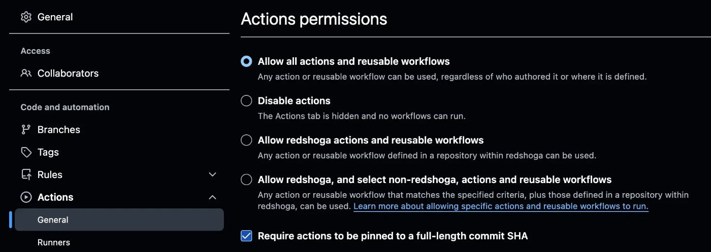 個別のリポジトリの設定画面上のSHA Pinning Enforcementの設定