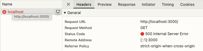 期待通りに500エラーが返されたことを示すスクリーンショット