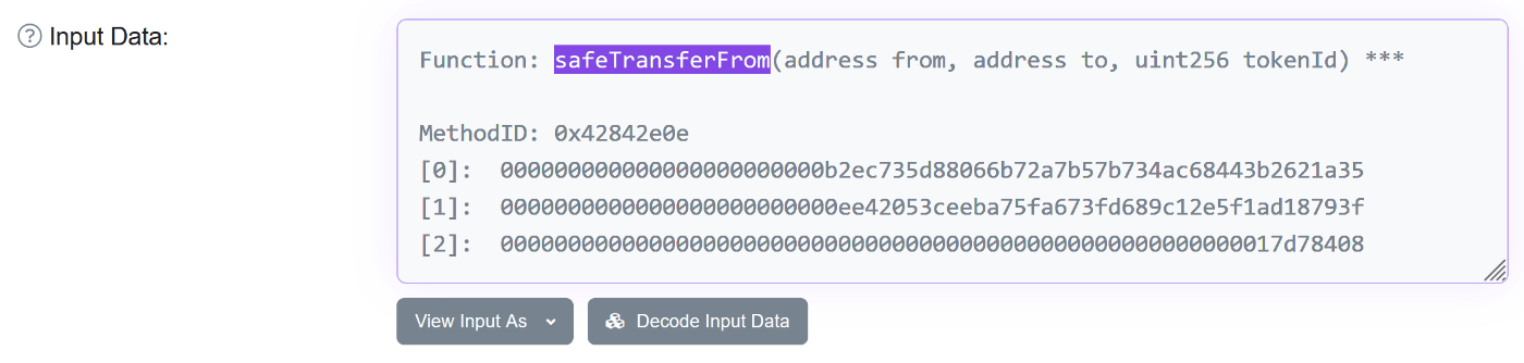 ルーラNFT購入時のトランザクションをPolygonScanで閲覧した画像。Input Data として「Function: safeTransferFrom(address from, address to, uint256 tokenId)」が表示されており、ERC721 interface で定義されたものと同名の関数が使われていることが分かる。