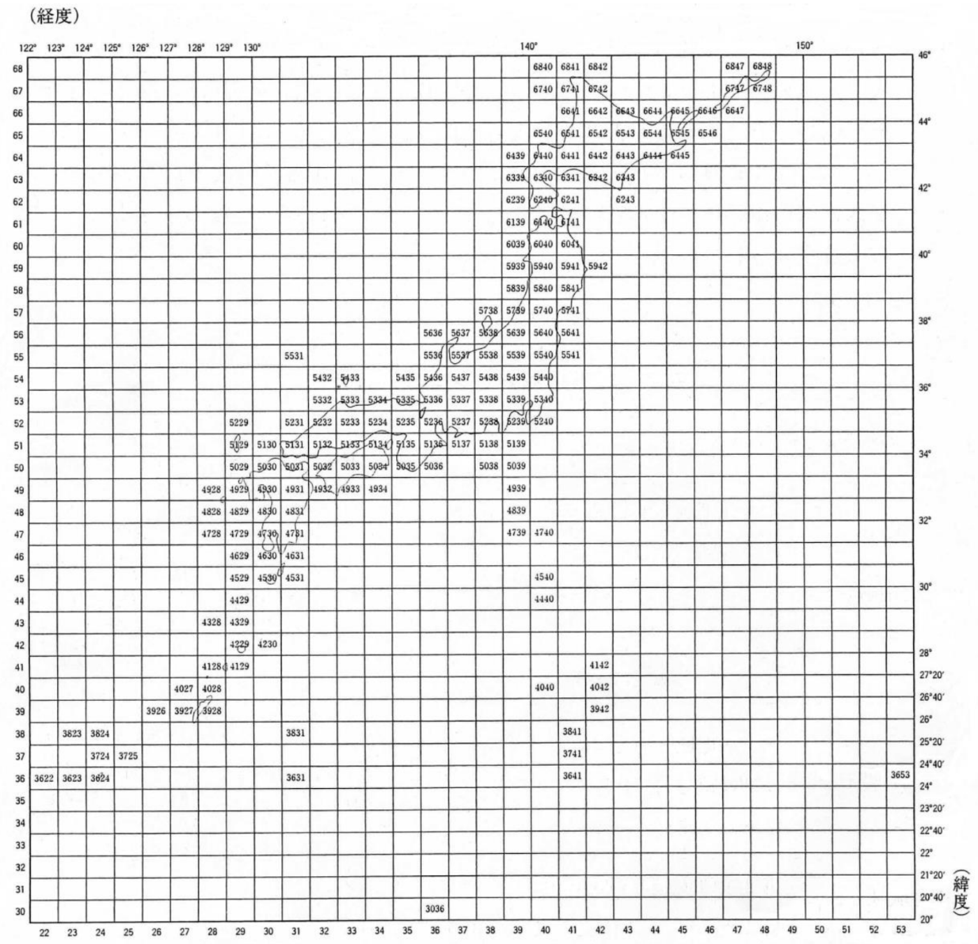 日本の国土にかかる第１次地域区画（世界測地系） 