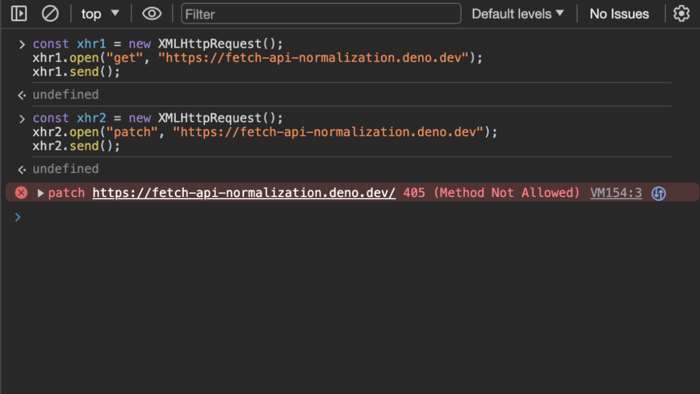Chrome DevTools の Console パネルから XHR を使って小文字の patch を送信する画面のスクリーンショット。赤い文字で 405 Method Not Allowed のエラーが表示されている。
