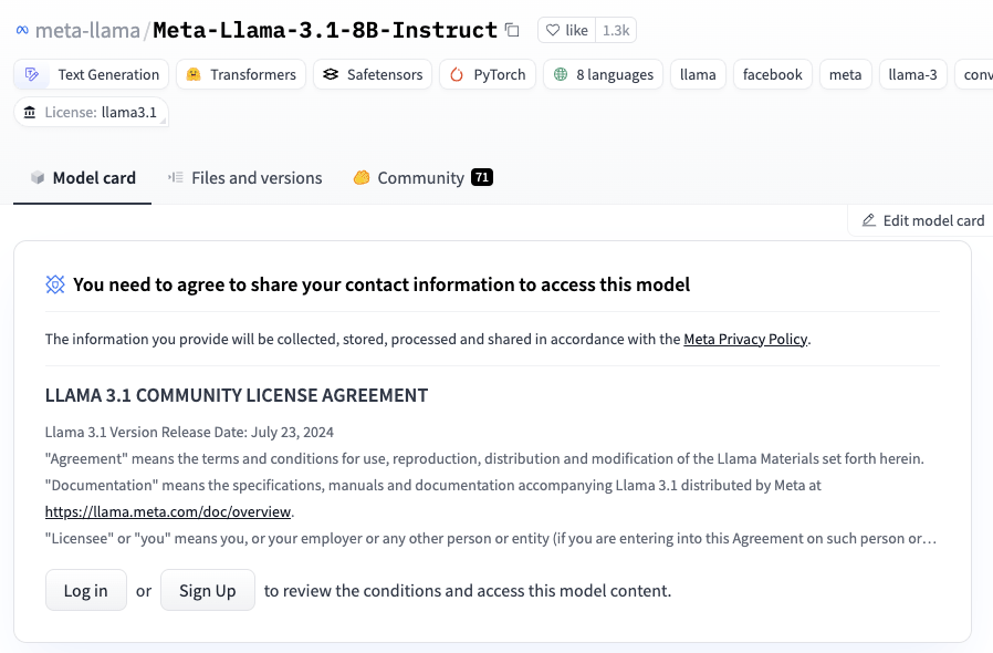Hugging Faceのmeta-llamaのページ
