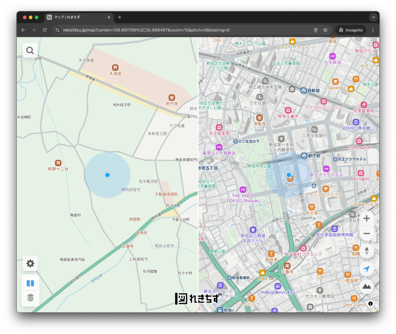 れきちず - 比較モードで両方の地図に現在地マーカーが表示されている様子