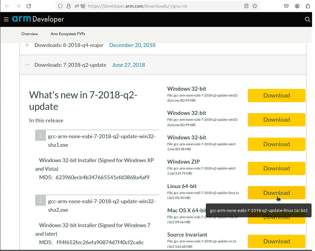 Download GNU Arm Embedded Toolchain: 7-2018-q2-update June 27, 2018 Linux 64-bit