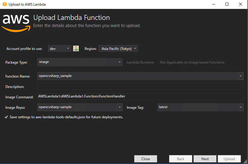 Publish to AWS Lambda Dialog