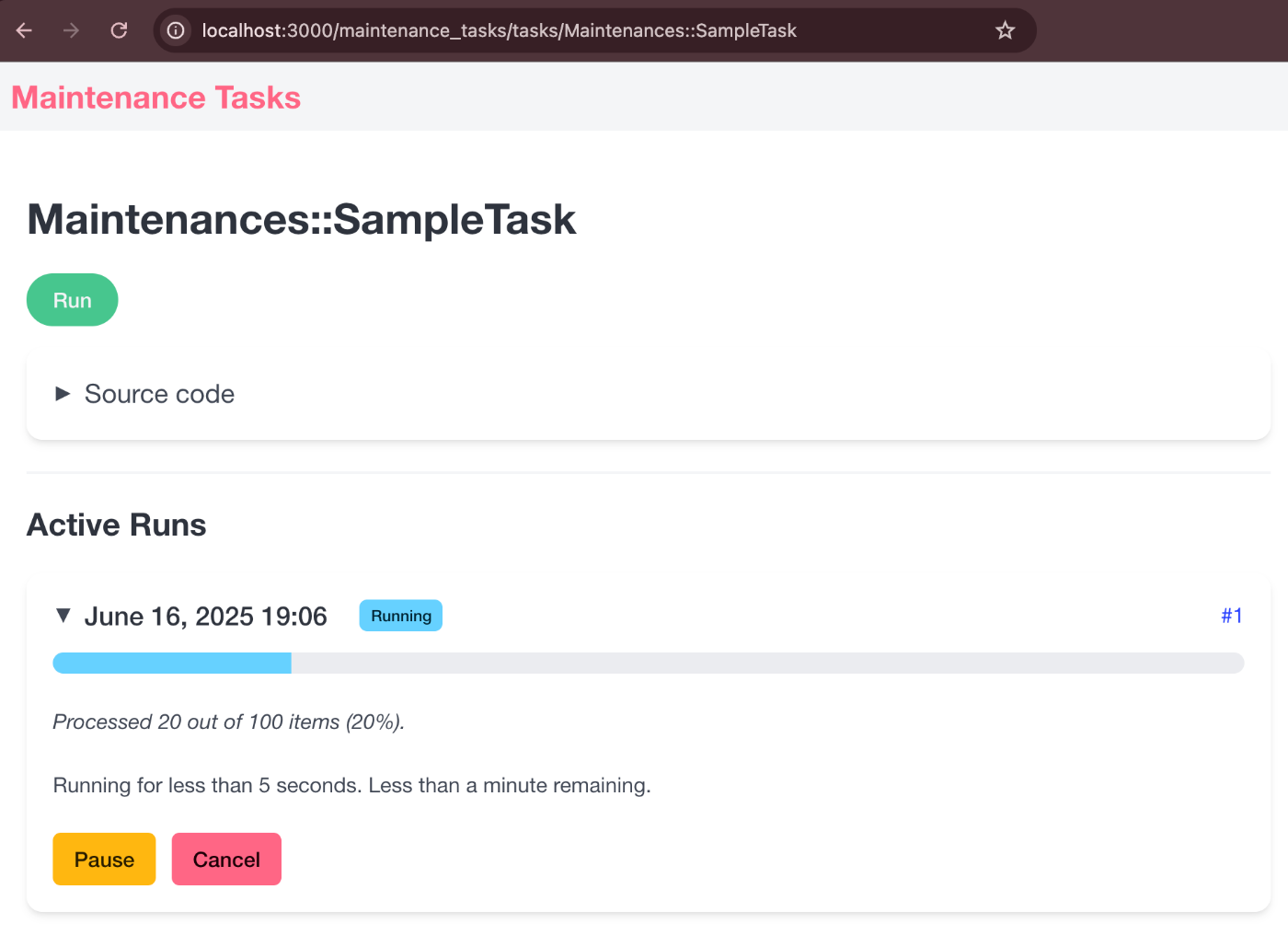 maintenance_tasks が生成してくれる Web UI。タスクの実行ボタン・タスクのソースコード・タスクの進捗（全体のうちの何パーセントか）・一時停止ボタン・キャンセルボタンが並ぶ