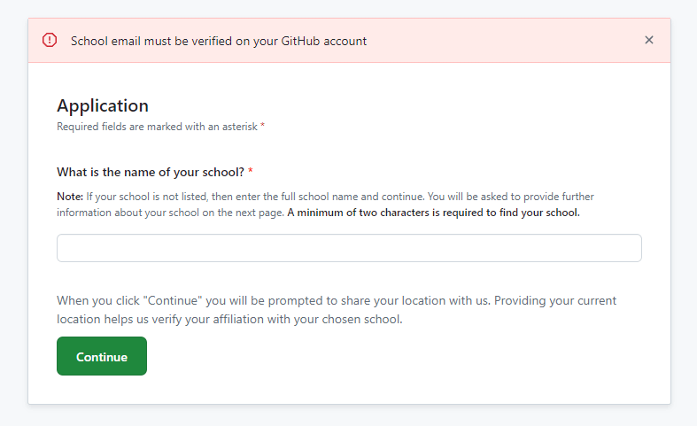「School email must be verified on your GitHub account」エラー