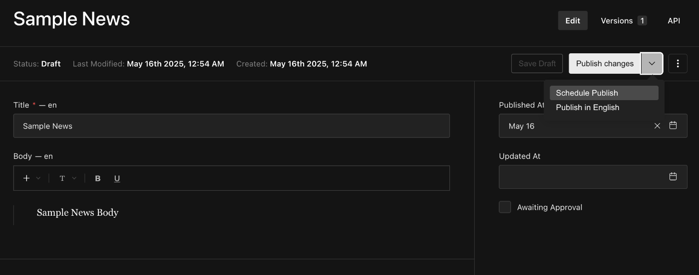 コンテンツ編集画面の「Schedule Publish」のメニュー