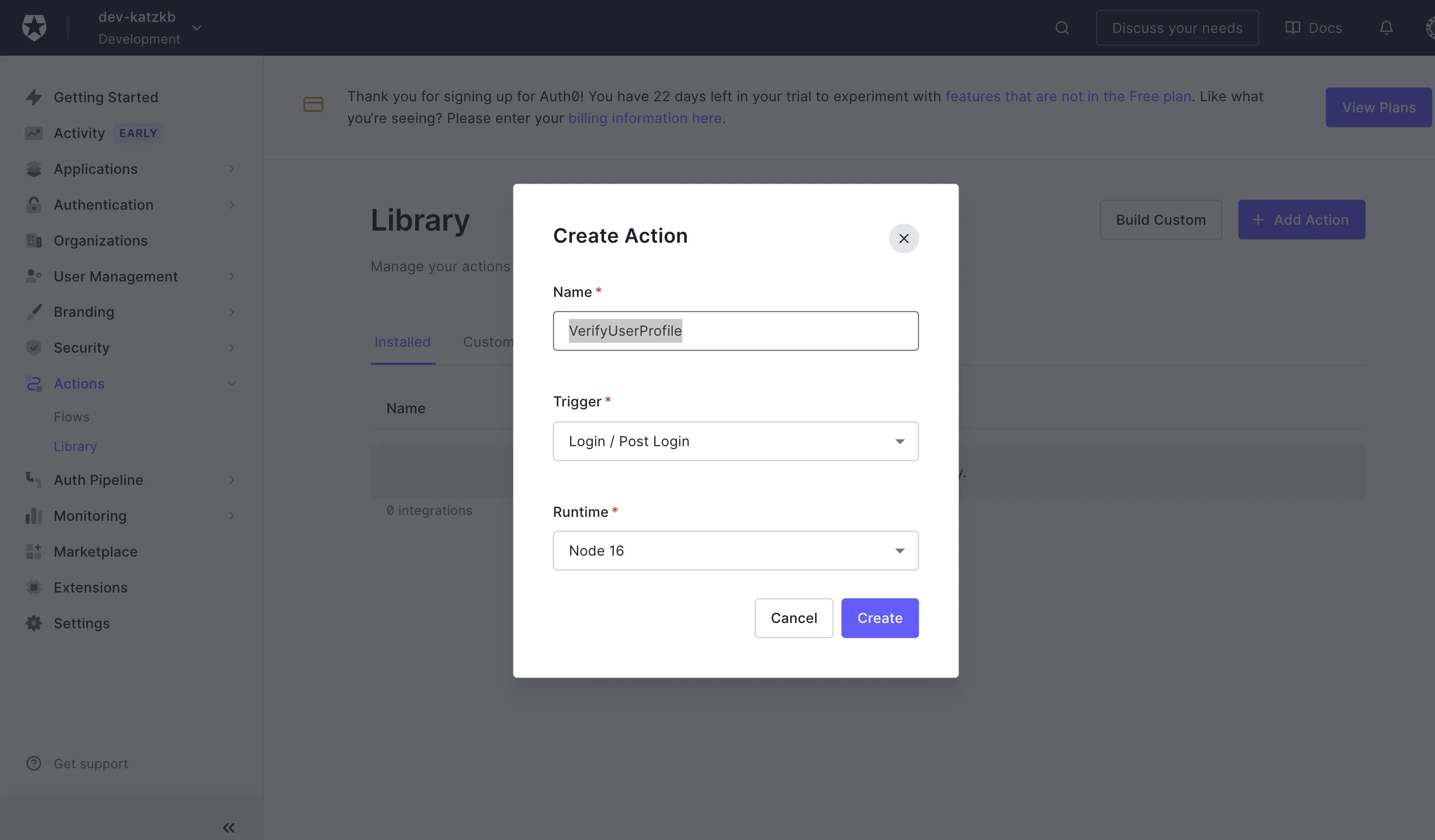 Auth0 の Action作成画面