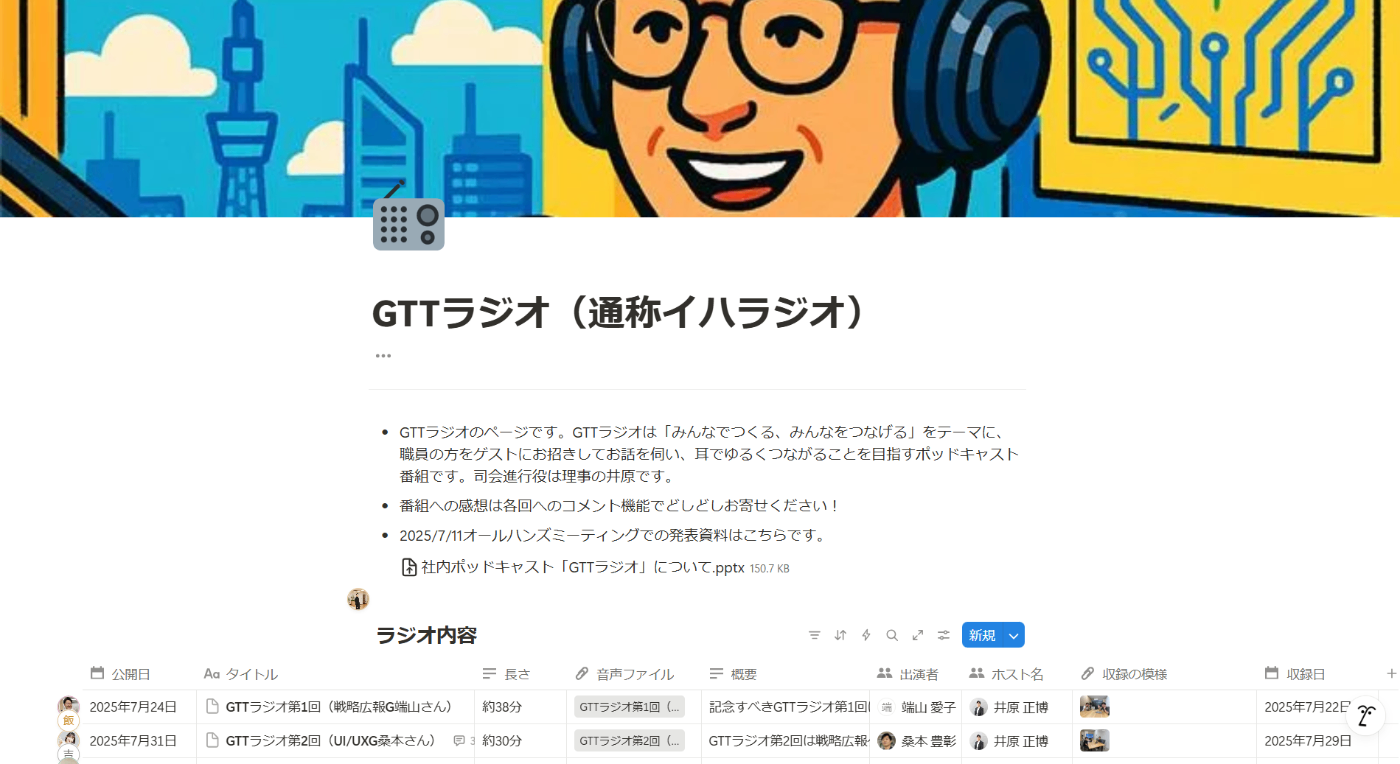 Notionページのスクリーンショット、生成AIで作成した井原さんのイラストをカバー画像にしてあり、データベースでラジオ音声が公開されている