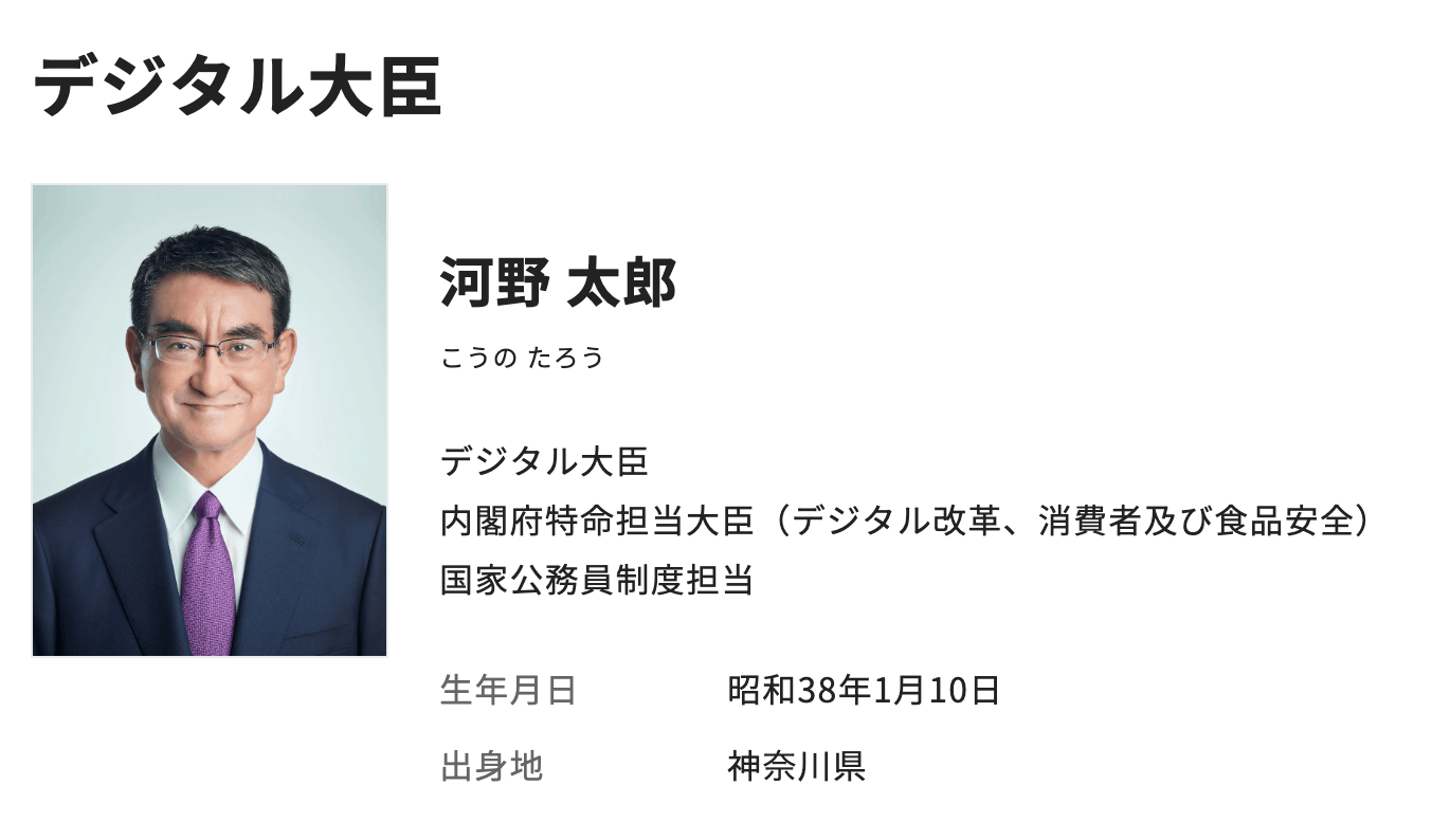 デジタル庁サイトの河野太郎のプロフィール