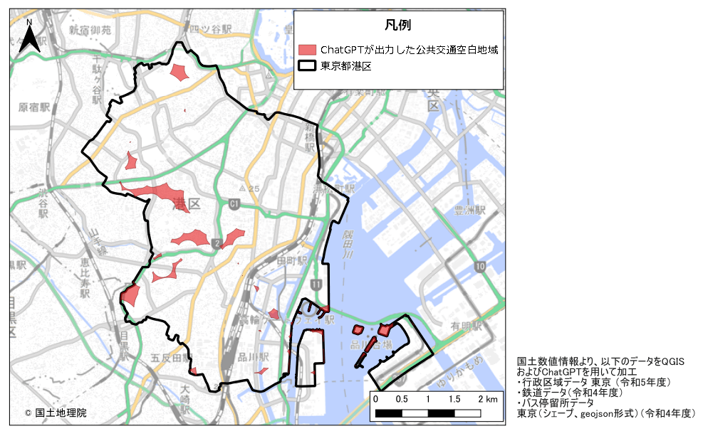 出力されたGeoJSONファイルをQGISで表示した様子