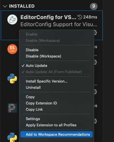 Add to Workspace Recommendations on VS Code
