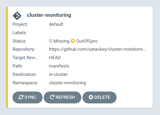 cluster-monitoring Application が登録され、OutOfSync な図