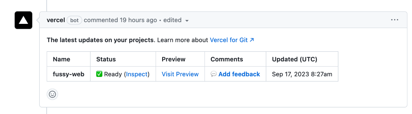 PR 作成時に発行される Vercel Preview のコメント