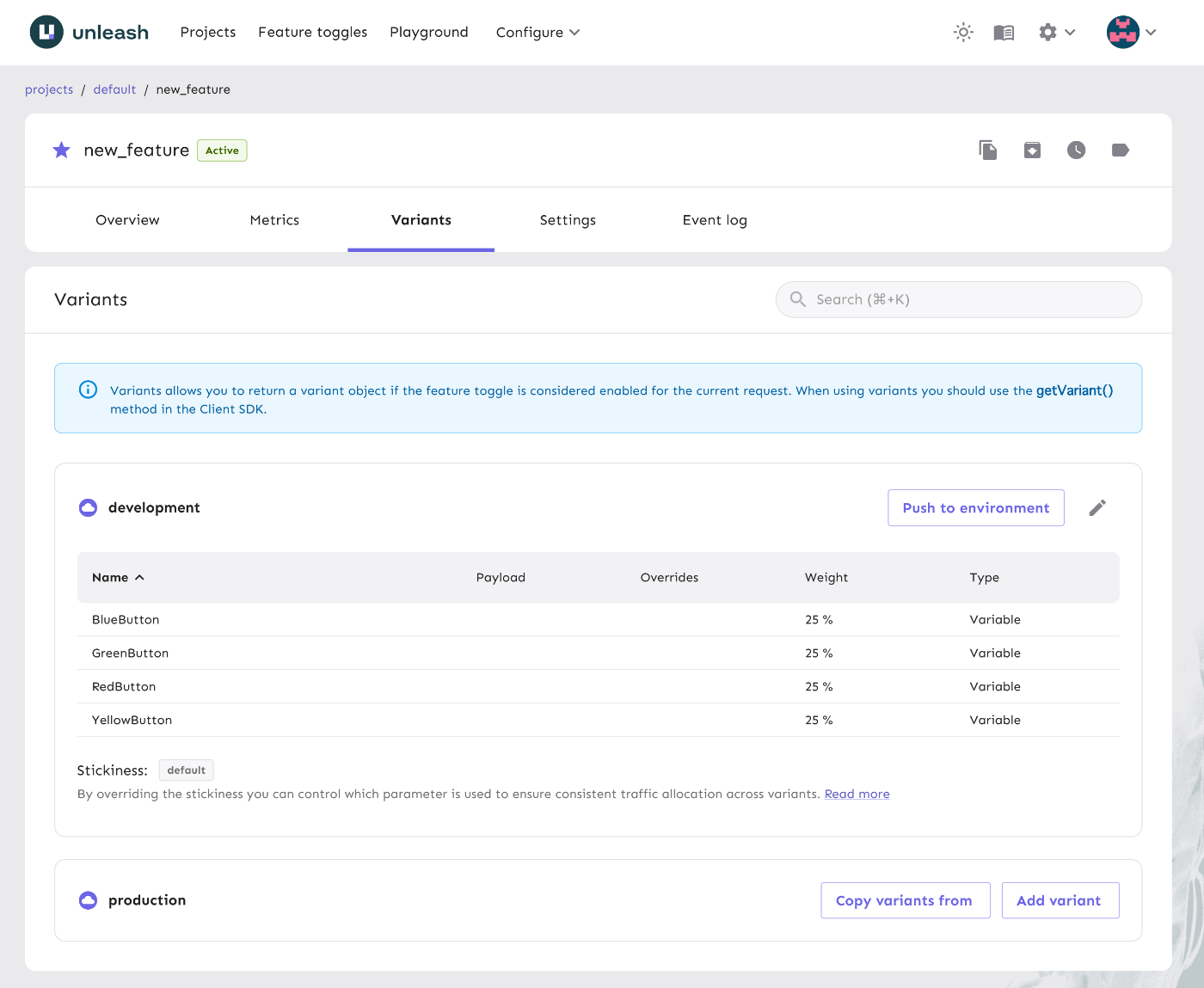 Feature toggle variants