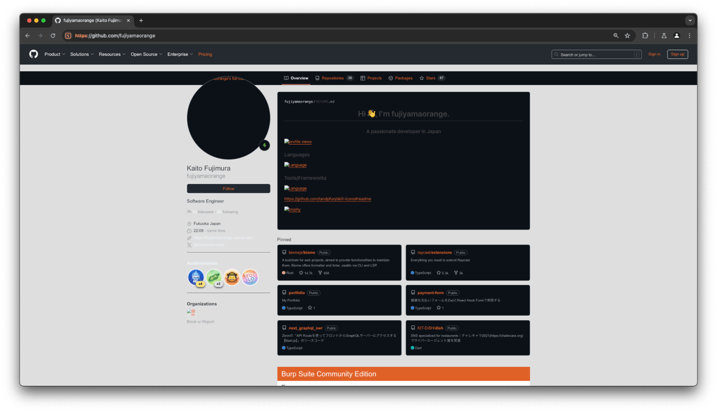 アセットを読み込めないGitHubプロフィールページ