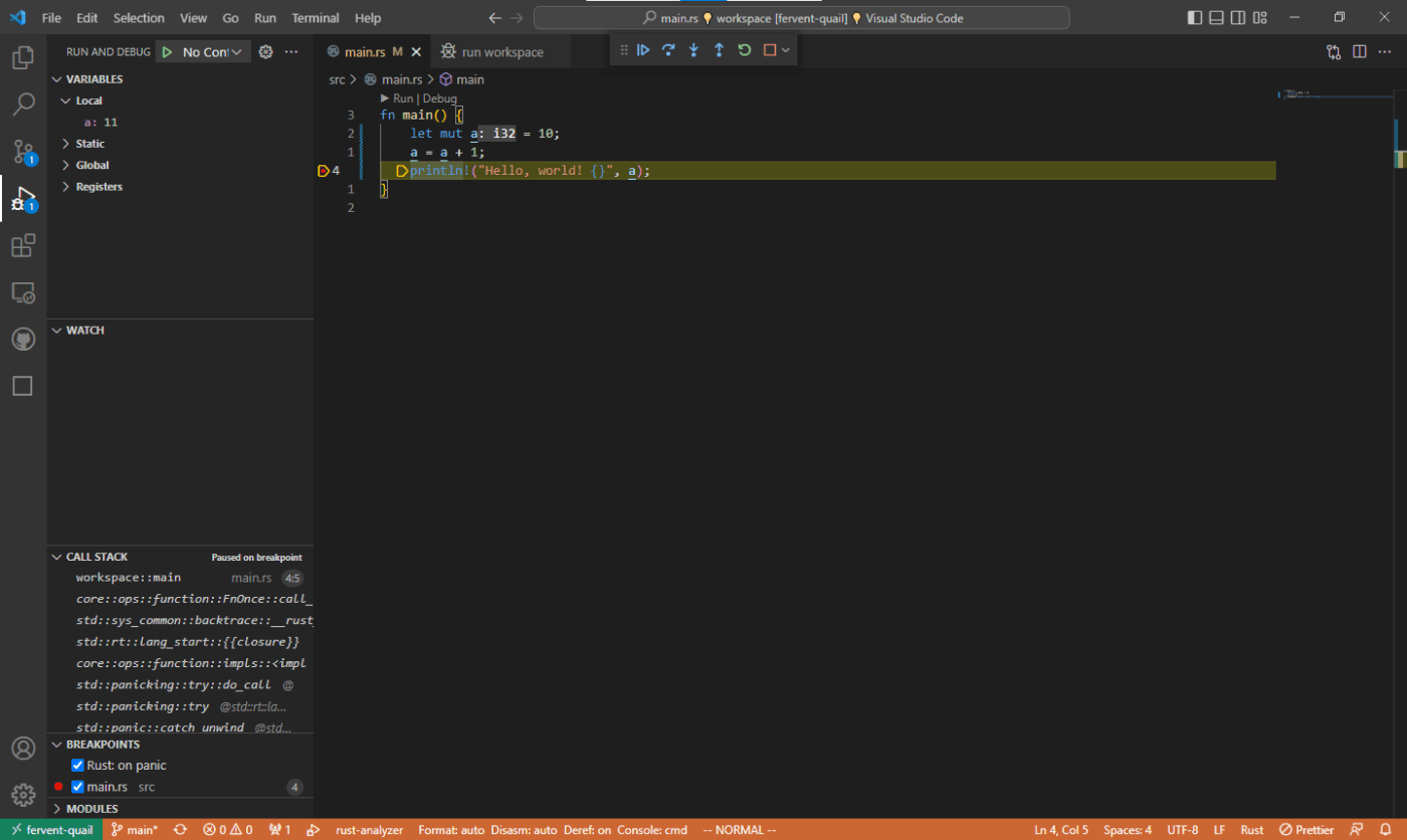 Sandbox のコンテナに接続している VSCode で Rust のソースファイルをデバッガーで扱っているスクリーンショット