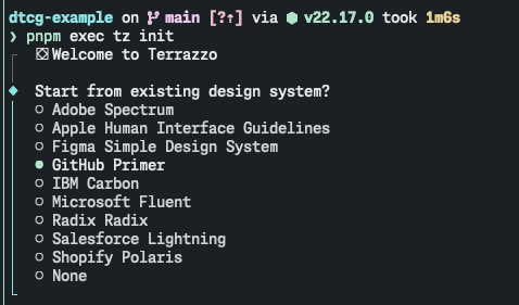 tz initを実行し、デザイントークンのテンプレートを選択する