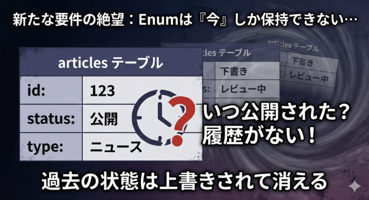 Enumで状態を上書きすると履歴が失われる問題を示す図