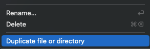 VS Codeのサイドバーのエクスプローラーでファイル上で右クリックした時の様子。Duplicate file or directory が追加されている