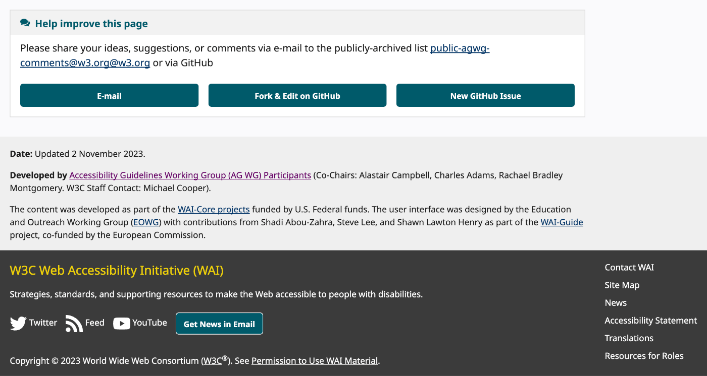 WCAG 2.2のUnderstanding Docsの最下部およびフッターに配置されている、メールアドレスやソーシャルメディアへのリンクなどの問い合わせ先