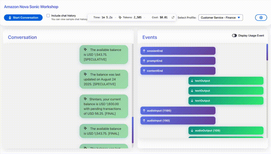 実際に Amazon Nova Sonic とマルチエージェント構成を試す様子