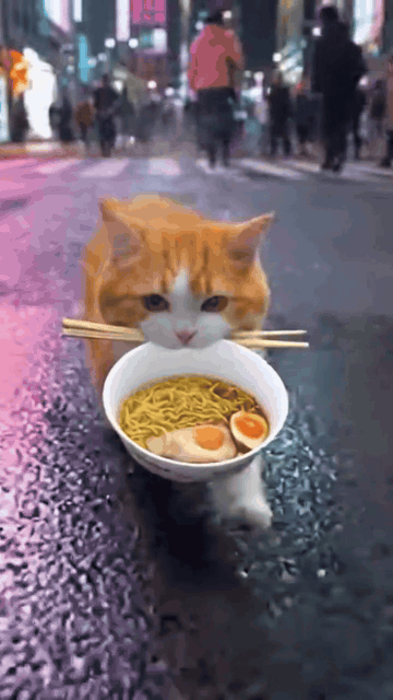 猫がラーメンを食べながら渋谷を走り回っている動画