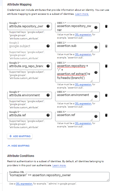 ScreenShot: Attribute Mapping and Attibute Conditions of the Workload Identity Provider