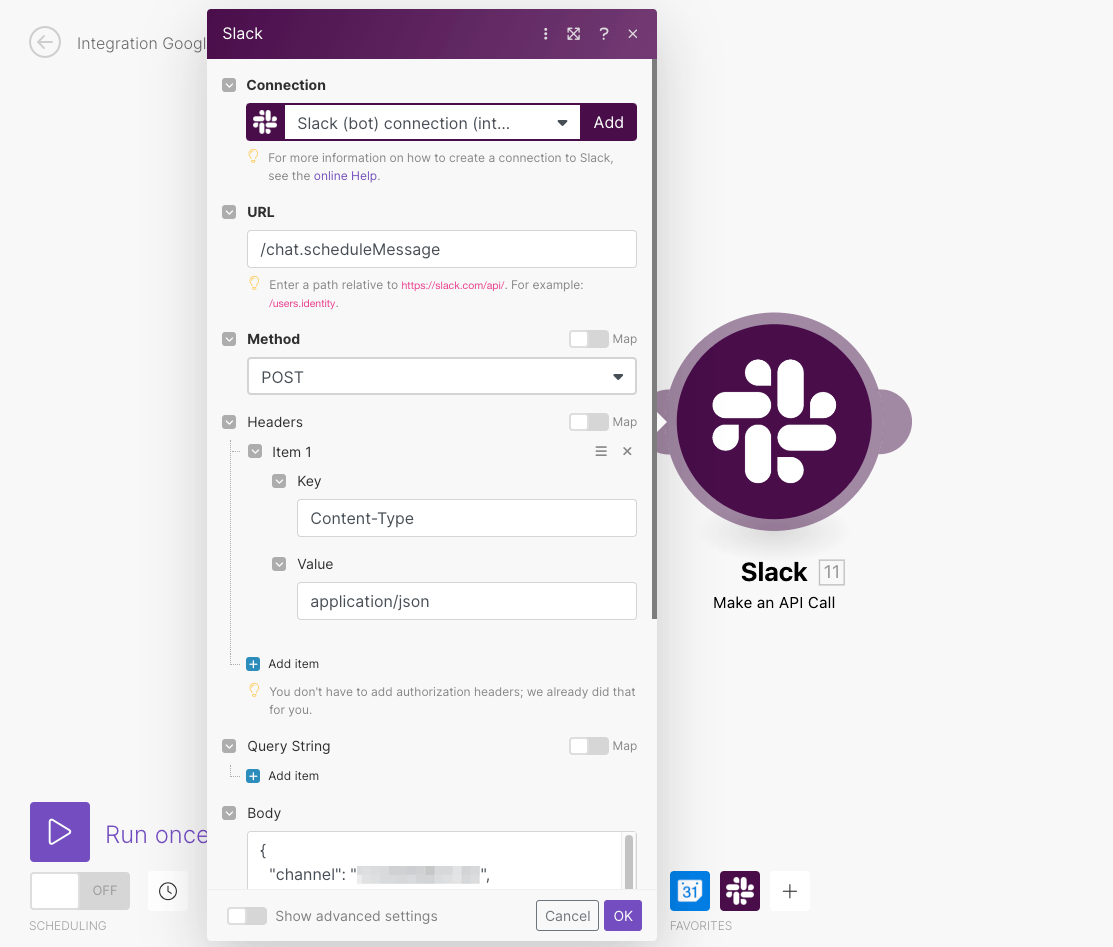 Slackの/chat.scheduleMessageのAPIを実行する設定