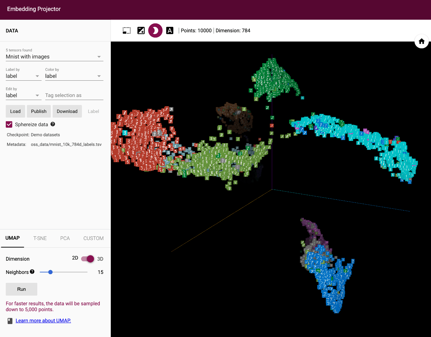 Embedding Projector : Mnist with images w/UMAP