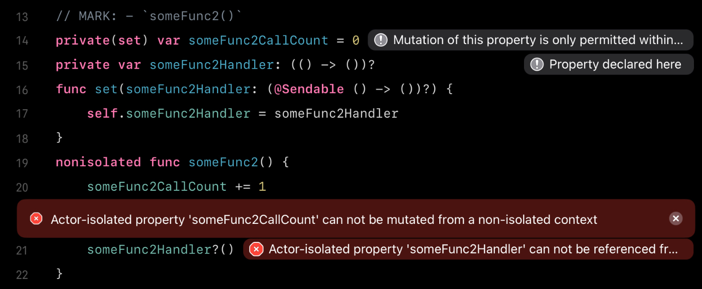 isolate された関数 someFunc1() のときと同じように、someFunc2() のための someFunc2CallCount と someFunc2Handler を用意しようとしてコンパイルエラーが表示されている画面のスクリーンショット
