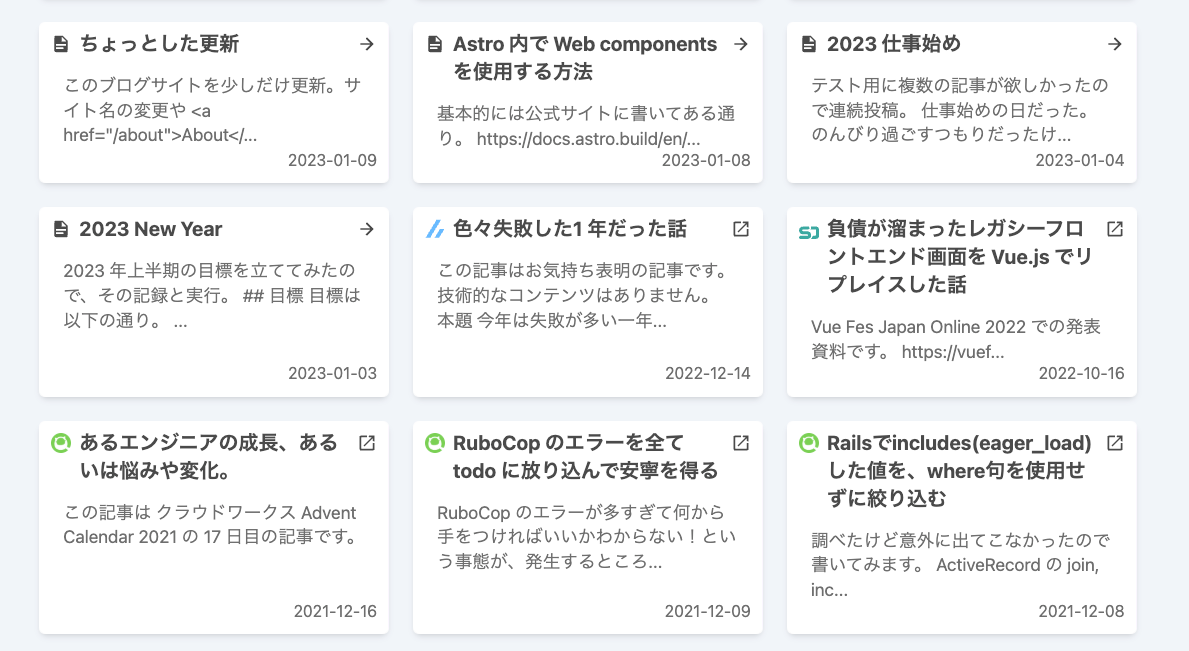 実際に取り込んだ外部データと自ブログのコンテンツを並べて表示している図
