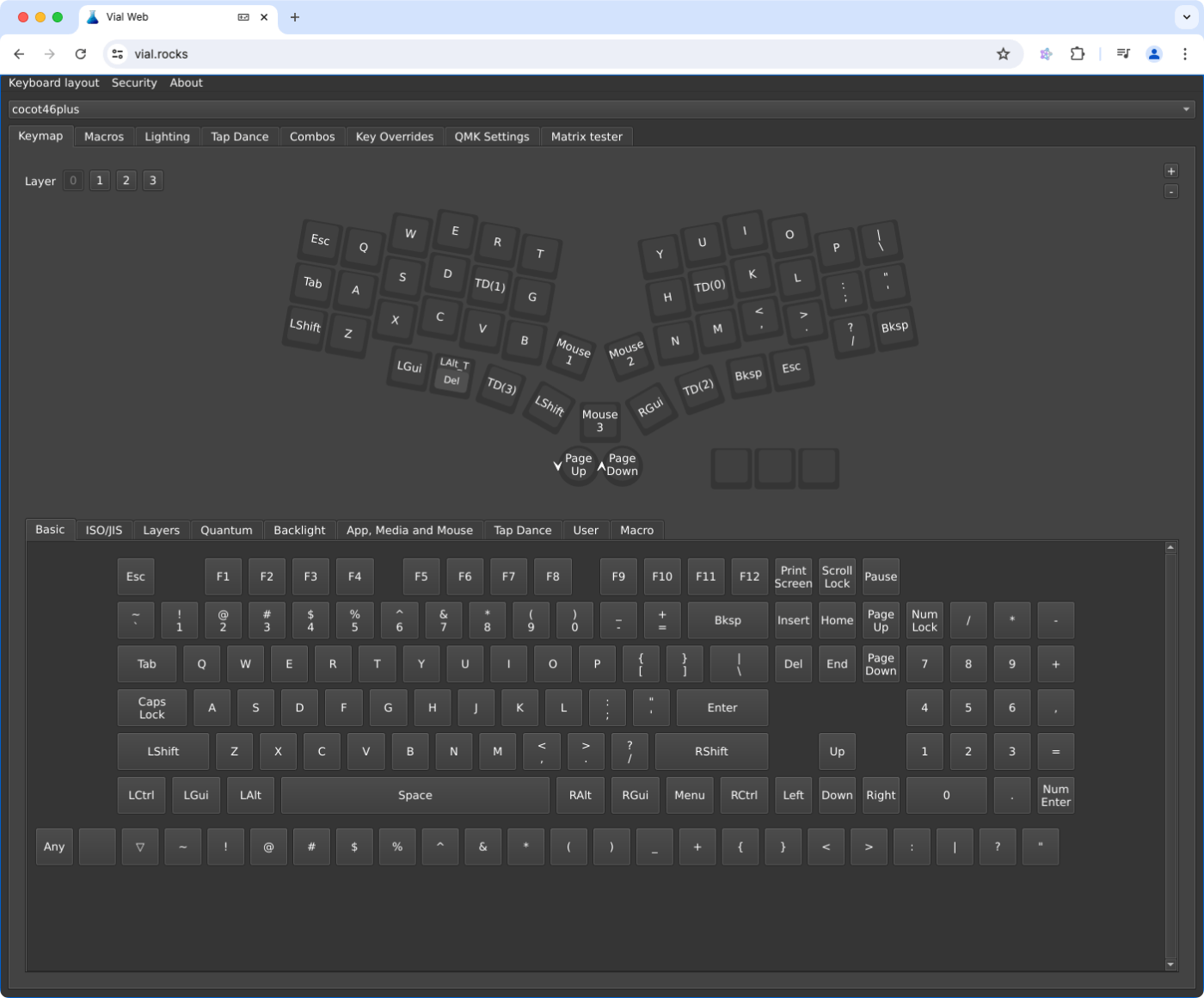 WebブラウザのVialでcocot46plusが認識されている様子
