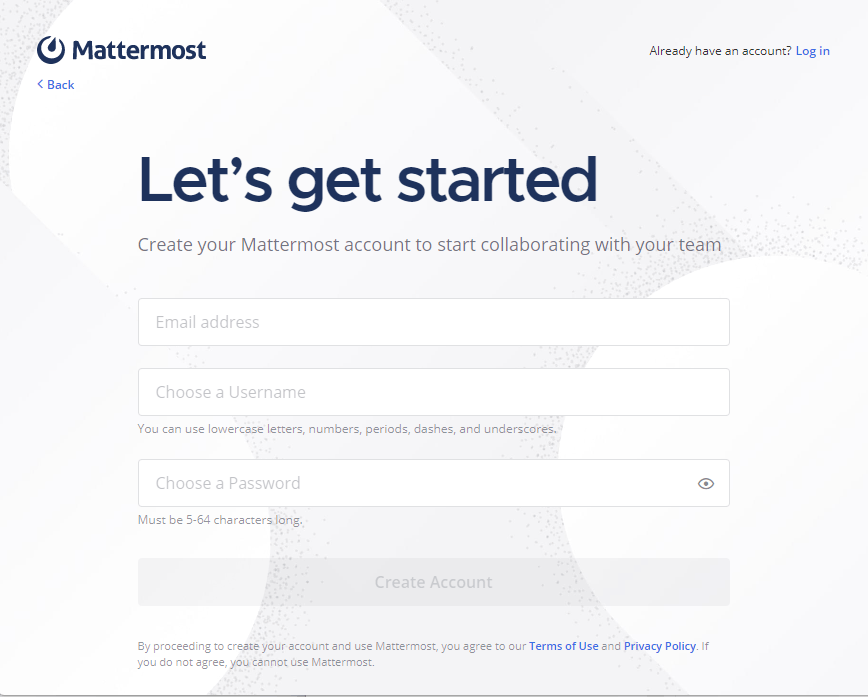 Mattermost アカウント作成画面