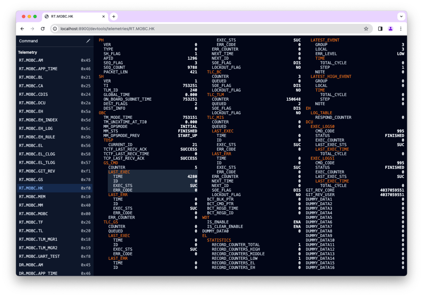 開発ツール(C2A DevTools)でテレメトリを表示している様子