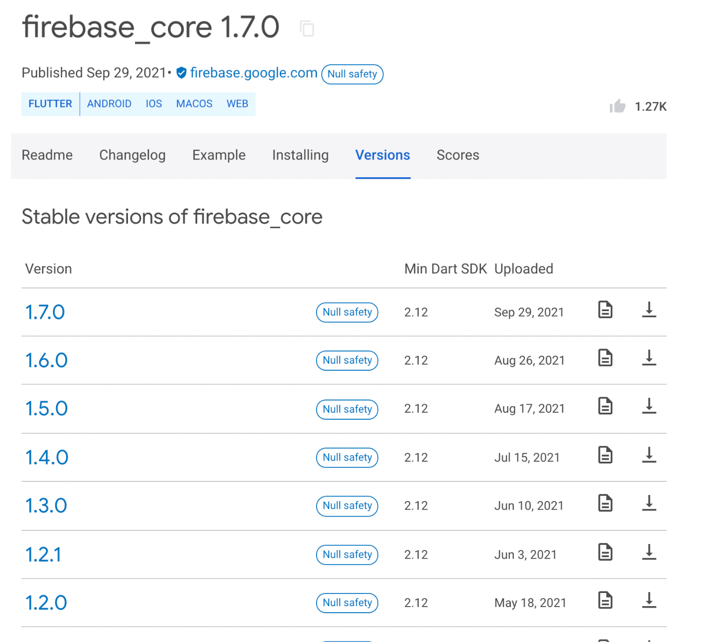 firebase_coreバージョンページ