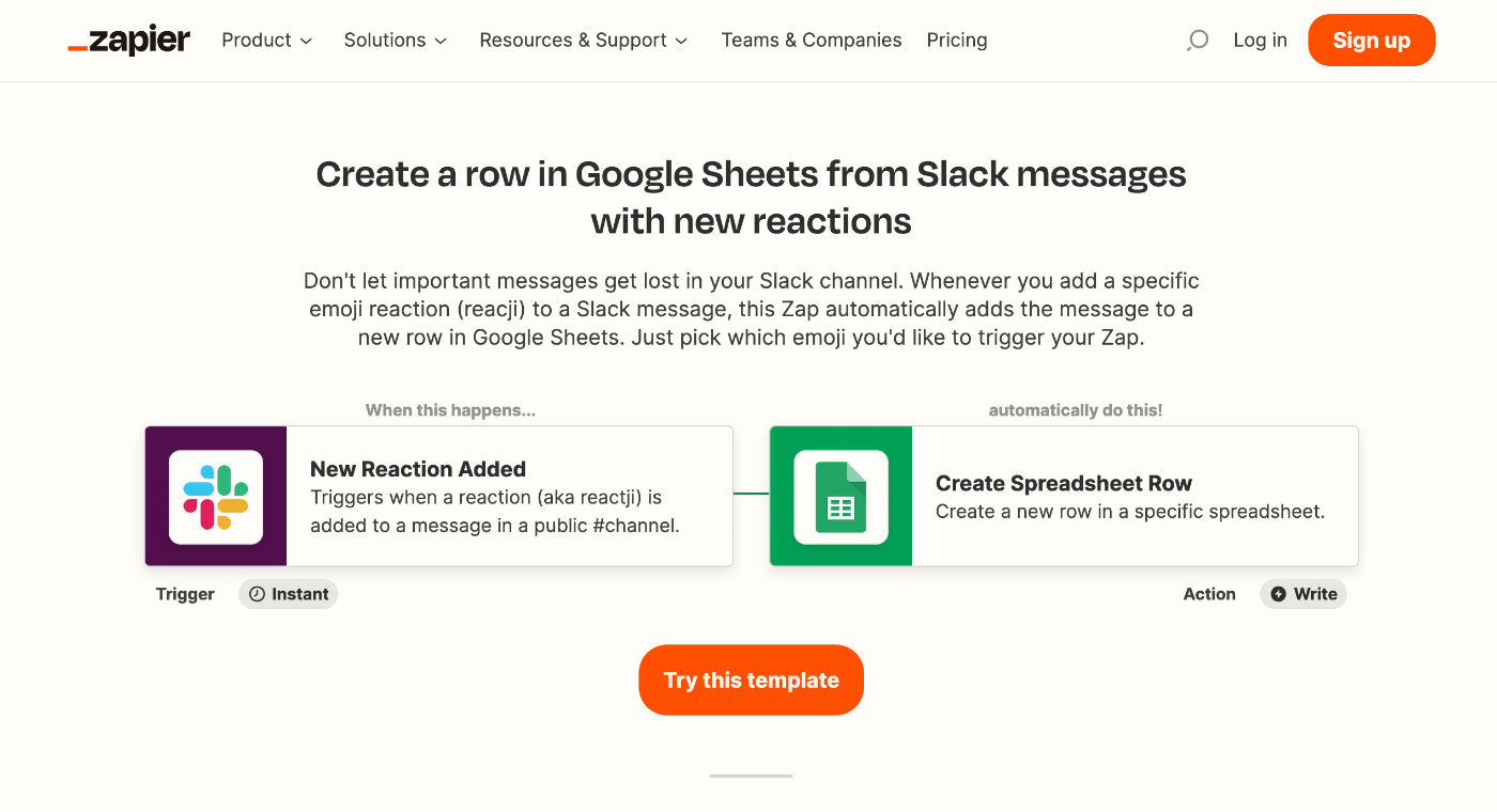 Zapier | Create a row in Google Sheets from Slack messages with new reactions