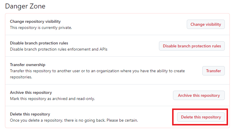 GitHub上で「Delete this repositoryをクリック