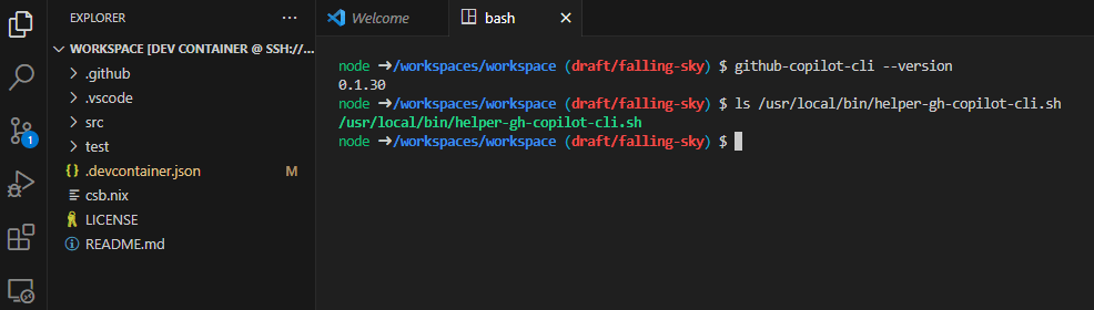 VSCode で DevContainer を作成した後に、ターミナルから github-cpiolot-cli を実行しバージョンを確認、関連ファイルが存在していることを確認しているスクリーンショット