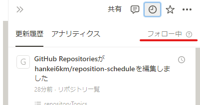 ページの更新履歴パネルを表示し、フォロー中と表示されている部分に赤い下線を付けてたスクリーンショット
