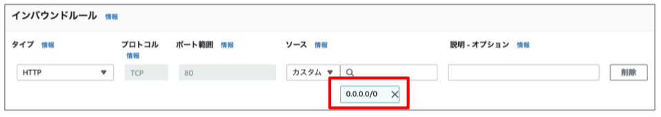 まず、0.0.0.0/0のバツボタンを押して削除してください