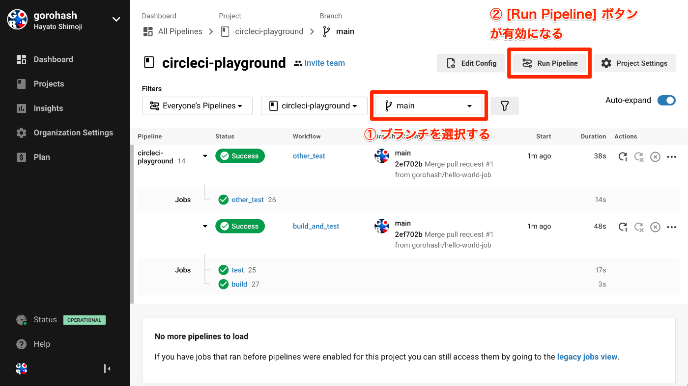 ブランチを選択すると [Run Pipeline] ボタンが有効になる