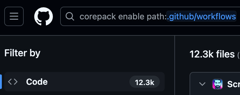 GitHub search result with: corepack enable paths:.github/workflows. It used in 12.3k codes.