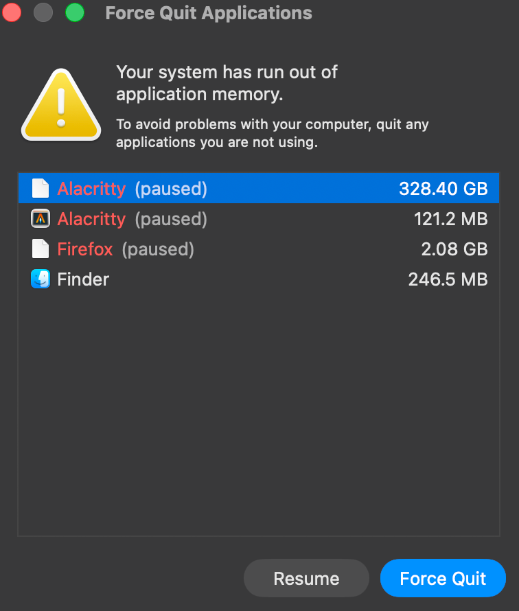 Alacrittyが328.40GBのメモリを確保してすべてのアプリが止まる様子