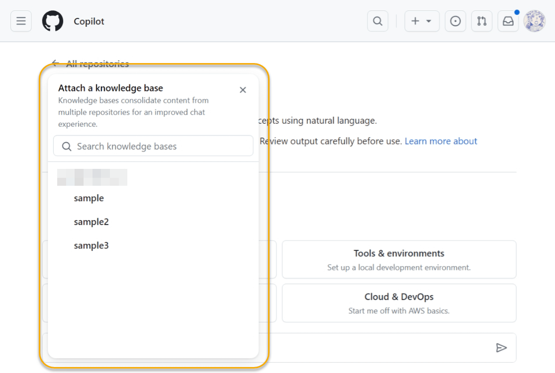 Copilot Chat in GitHub.comの会話にナレッジベースをアタッチする様子