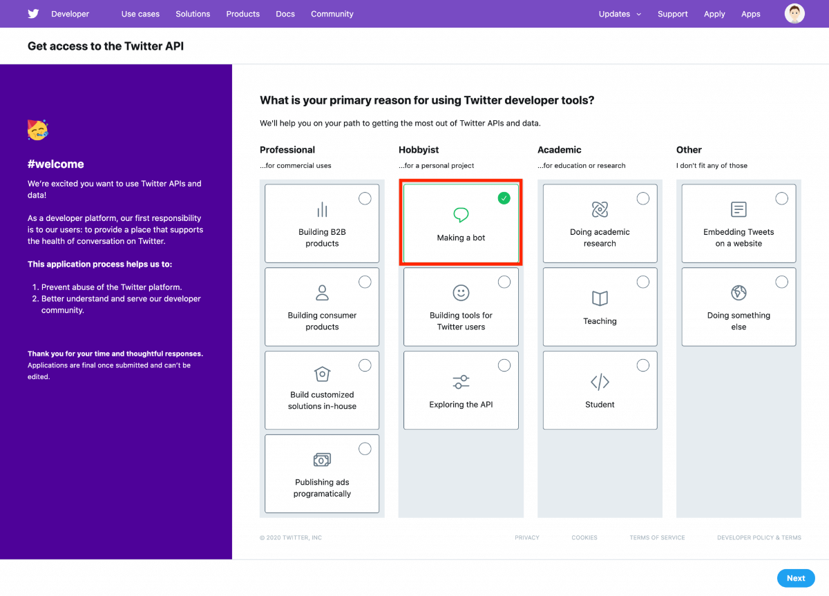 TwitterのDeveloperアカウントを申請する目的を選択する