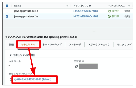 次にセキュリティタブを選択し、表示されているセキュリティグループのIDをクリックしてください