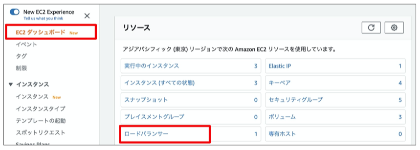 左側のメニューの上部のEC2ダッシュボードを押してください。次にロードバランサーを選択してください。